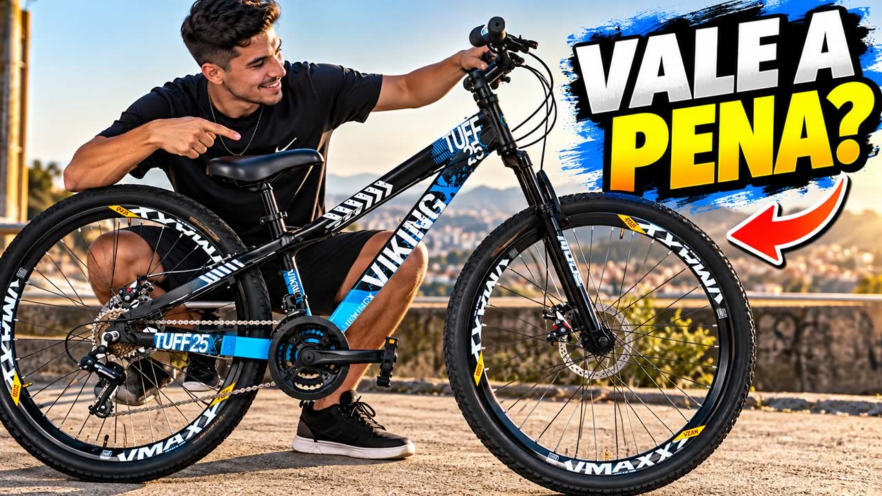 Bicicleta VikingX Tuff 25 aro 26 preta e azul com suspensão e freios a disco