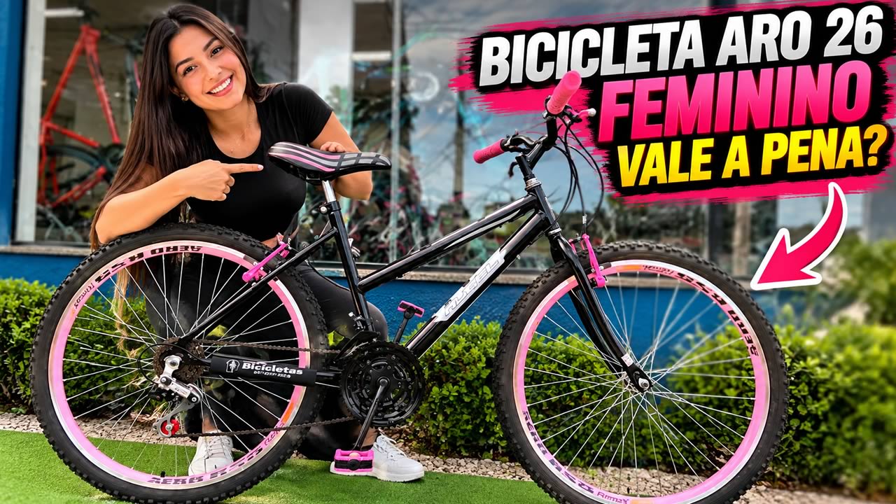 Bicicleta aro 26 feminina HUGEL com 18 marchas, aros Aero e freios V-Brake