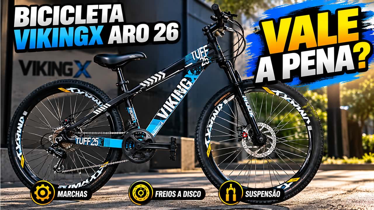 Bicicleta VikingX Tuff 25 aro 26 preta e azul com quadro de alumínio
