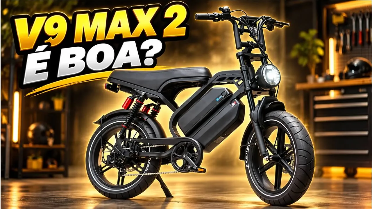 V9 Max 2 bicicleta elétrica preta com duas baterias, motor 1000W e pneus largos aro 20