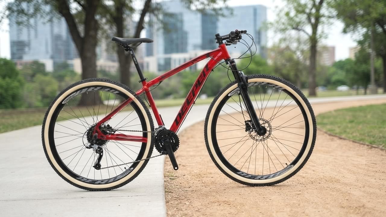Bicicleta boa e barata aro 29 Deeper com quadro de alumínio, suspensão e câmbios Shimano Tourney